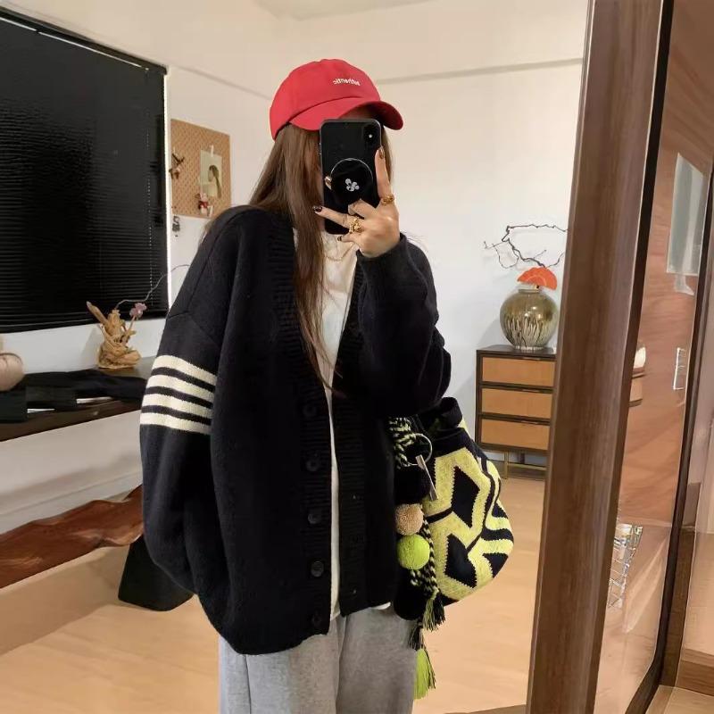 Женский вязаный кардиган в полоску с V-образным вырезом, сочетающийся по цвету, новый осенне-зимний, свободный свитер-жакет в ленивом стиле для верхней одежды