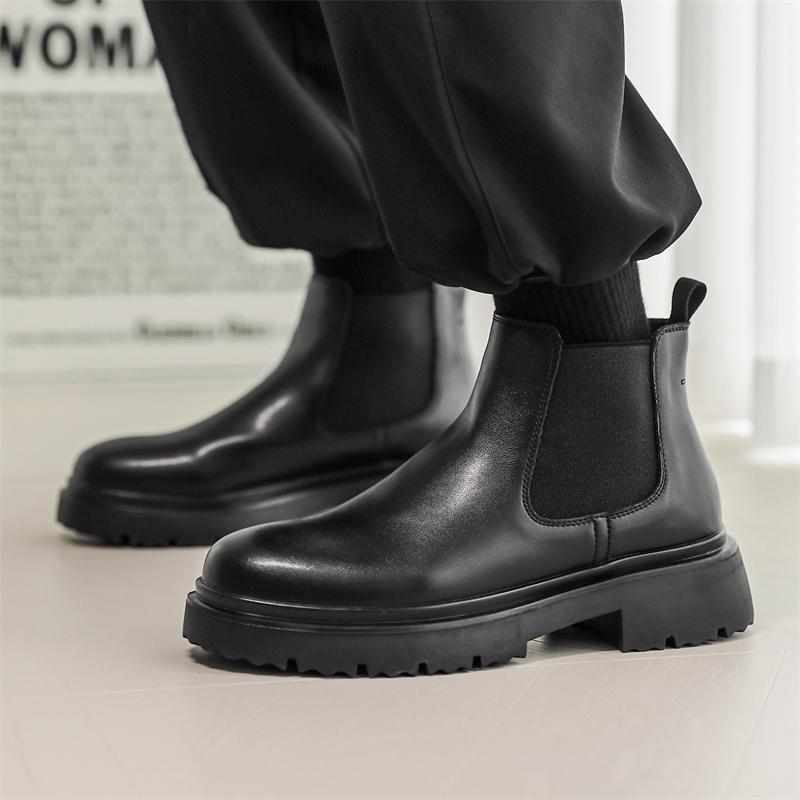 Ботинки челси из натуральной кожи, классические мужские ботинки в стиле ретро с острым носком, теплые зимние ботинки с плюшевым мехом, зимние ботинки на платформе без застежек