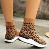 Модные вязаные носки с леопардовым принтом, кроссовки для женщин, дышащие, повседневные, спортивные, для бега, женские модные слипоны с высоким верхом