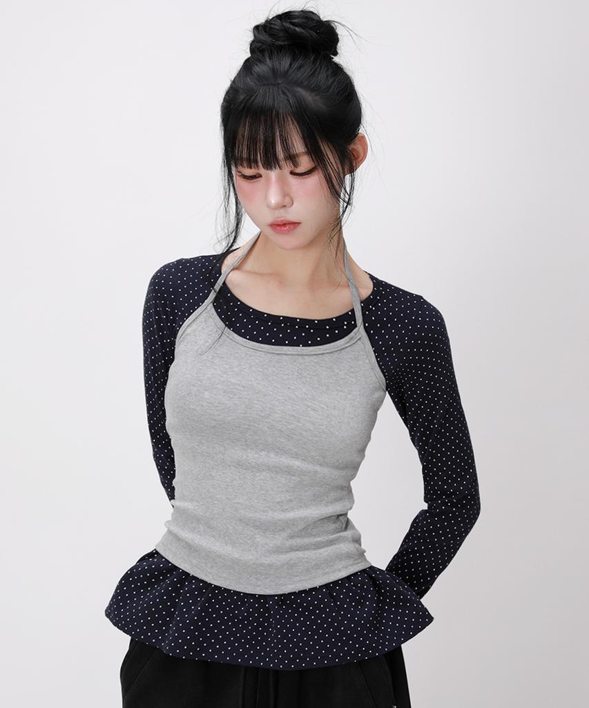 LIKE THE MOST [Short Sleeve Added] Dot Long Sleeve Halter Neck Sleeveless Layered Top Set_Navy Gray