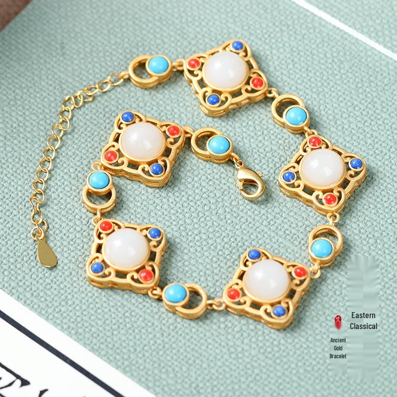 Gold-Plated Four-Leaf Clover Jade Bracelet: Chinese Style Handicraft