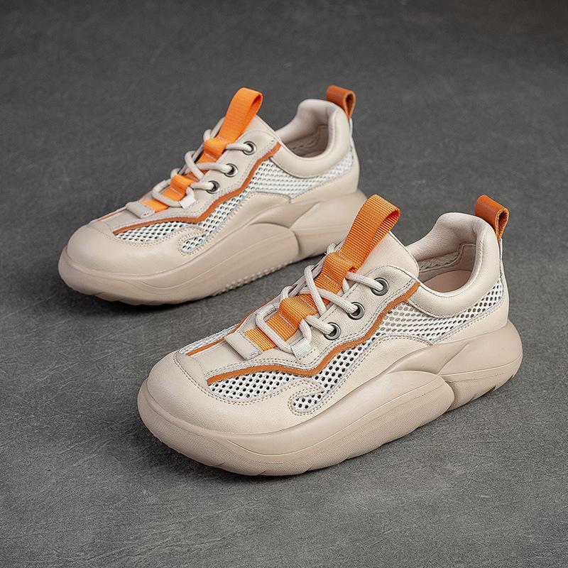 Fashion GKTINOO Mixed Colors Casual Sneakers Women Thick Bottom Genuine Leather Mesh Breathable Lace-Up Summer Chunky Platform Shoes