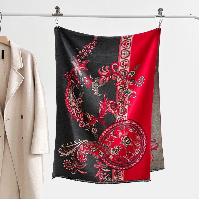 Retro Imitation Cashmere Shawl Large Size Autumn and Winter Color Matching Versatile Double-sided Dual-purpose Scarf Women