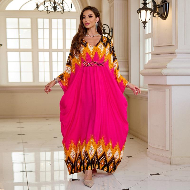 Женская мода весна осень геометрический принт длинный рукав V-образный вырез свободная талия повседневные платья