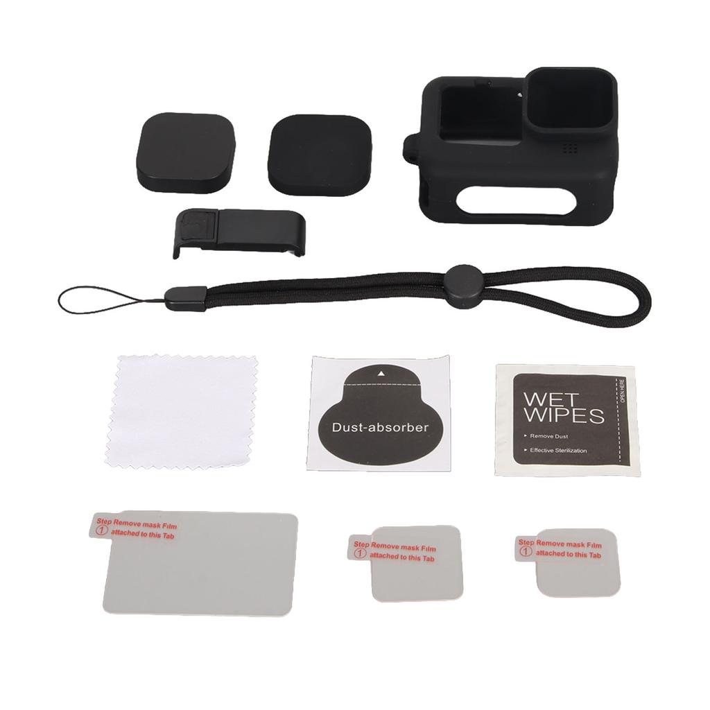 Action Camera Silicone Sleeve Case Tempered Glass Film Lens Cover Charging Side Cover Set Black