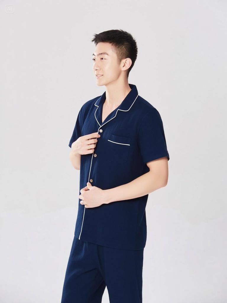 RAKUYUME Летний Премиум Лен Короткий Открытый Верх и Низ Льняной Длинный Эластичный Комплект Мужская Пижама, 100% Домашняя одежда, Рукава, Перед, Комплект, Влагоотводящий,