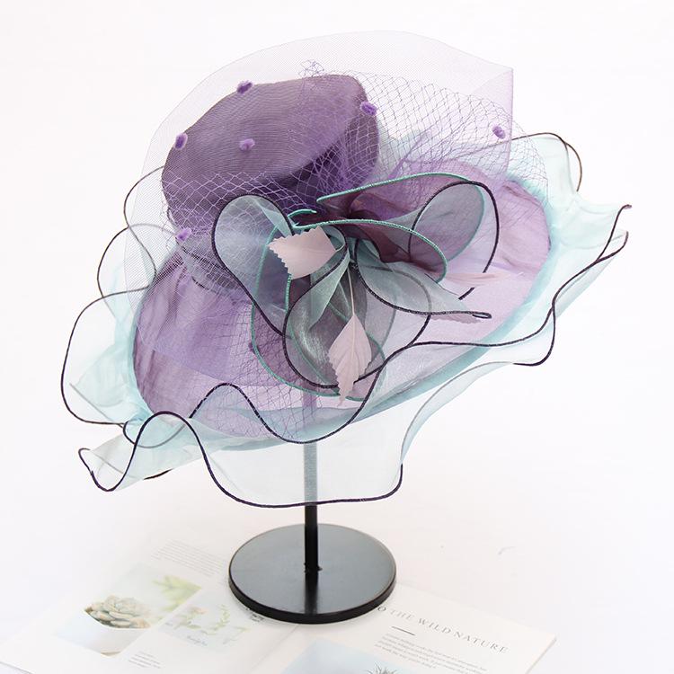 Women's summer new flat-top sun hat European and American flower sun protection sun hat foldable organza big edge beach hat