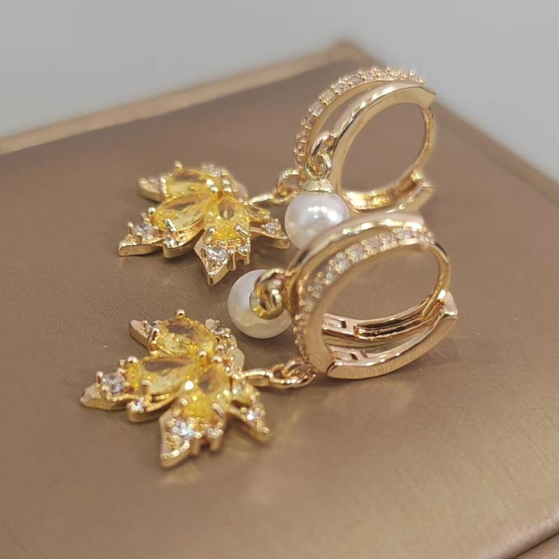 Женские серьги-подвески с желтым цирконием и кленовым листом, новинка 2023 года, модные ювелирные аксессуары для свадебной и помолвочной вечеринки