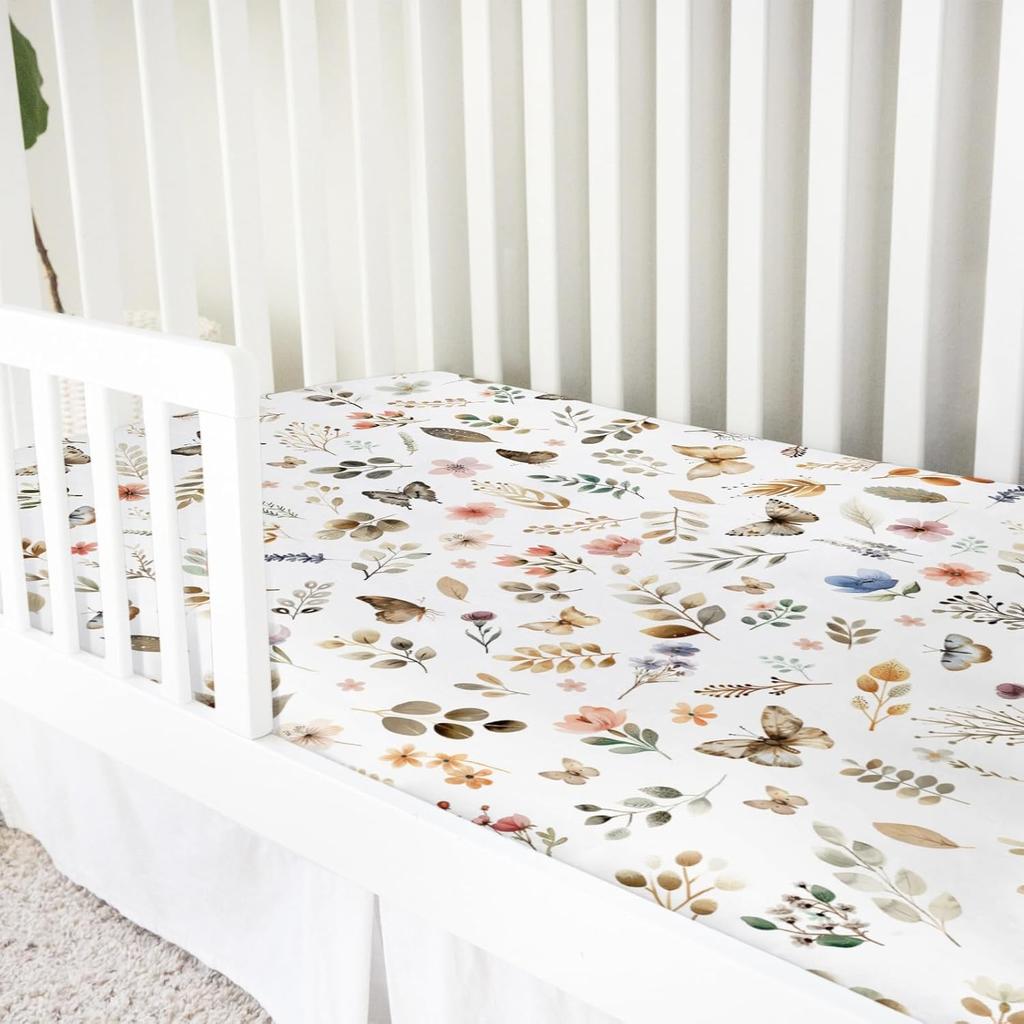 Ретро Бохо Цветочный Листья Бабочки Детская Простыня 52''x28'' Ботанический Сад Весна Эластичный Натяжной Наматрасник для Детской Кроватки для Мальчика Девочки Растения Мягкий