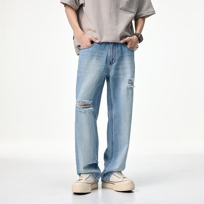 Новые Светлые Рваные Джинсы Весной и Летом Прямые с Водными Заломами