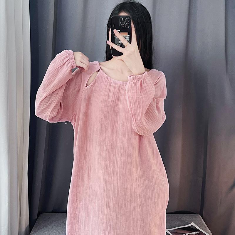 Milk cute plain nightdress women's spring and autumn summer cotton gauze pregnancy wear loose long-sleeved loungewear pajamas pullover skirt