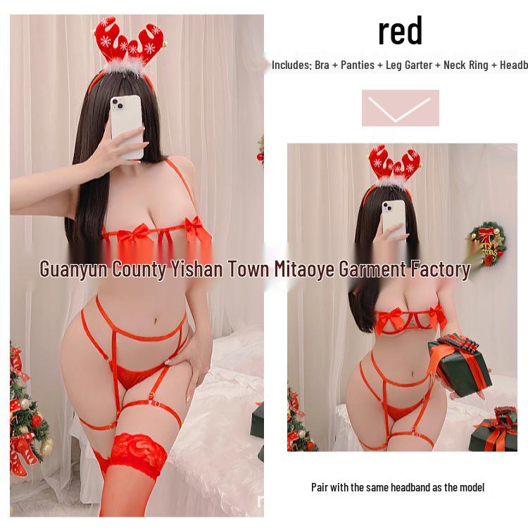 Reindeer Game Holiday Lingerie Set: Underwire Bra with Bow, Skirt, and Headpiece