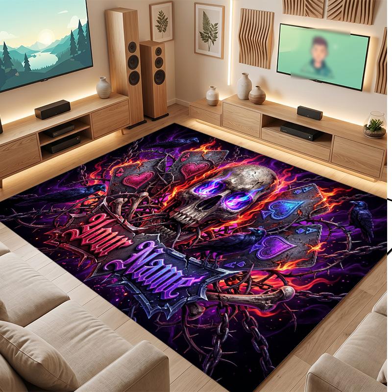 Skull Gothic Theme Soft Crystal Velvet Rug Custom Name & Text Print Non Slip Floor Rug for Bedroom Living Room
