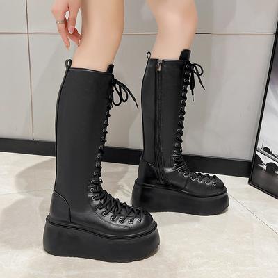 Модные женские ботинки на платформе 8 см с боковой молнией, ботфорты до колена, мотоботы, черные ботинки на шнуровке, длинные ботинки из замшевой кожи, осенне-зимняя обувь