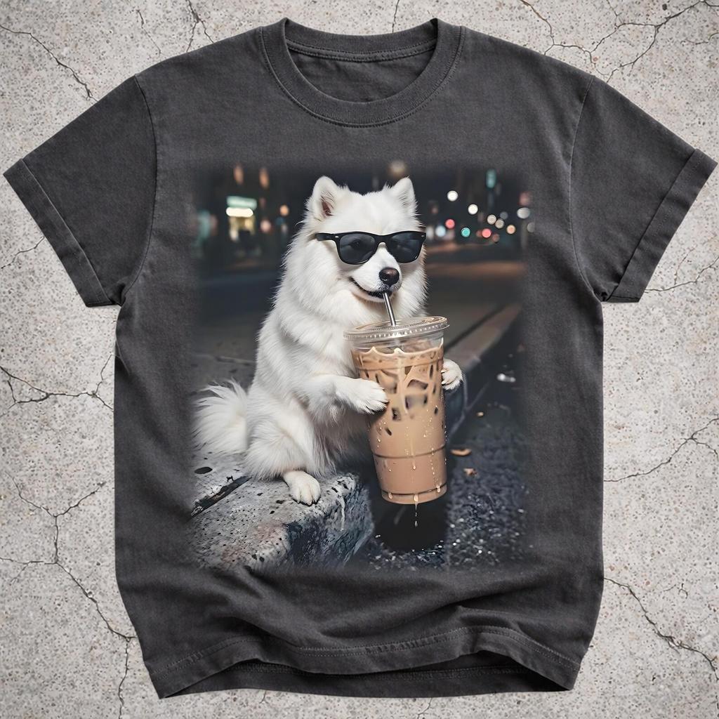 Funny American Eskimo Drinking Iced Coffee Shirt, Dog Mom Gift, Animal Meme Tee