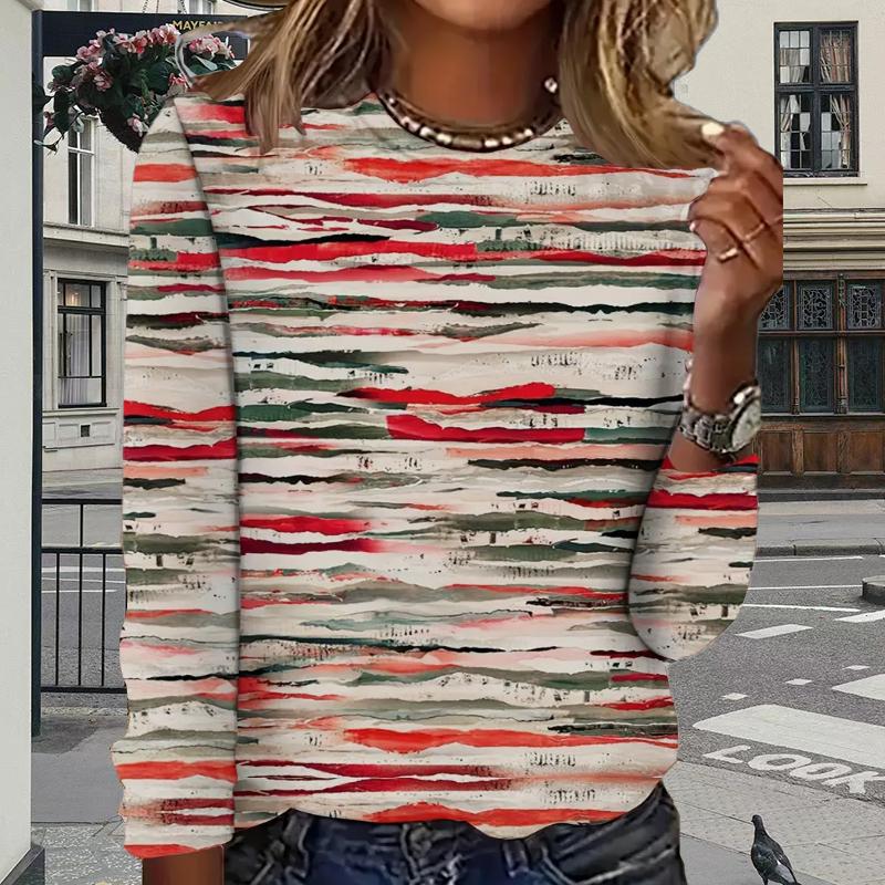 Топы для женщин с принтом камуфляжных линий, круглым вырезом и длинным рукавом, футболка, осенний повседневный тонкий пуловер, женский топ с длинным рукавом