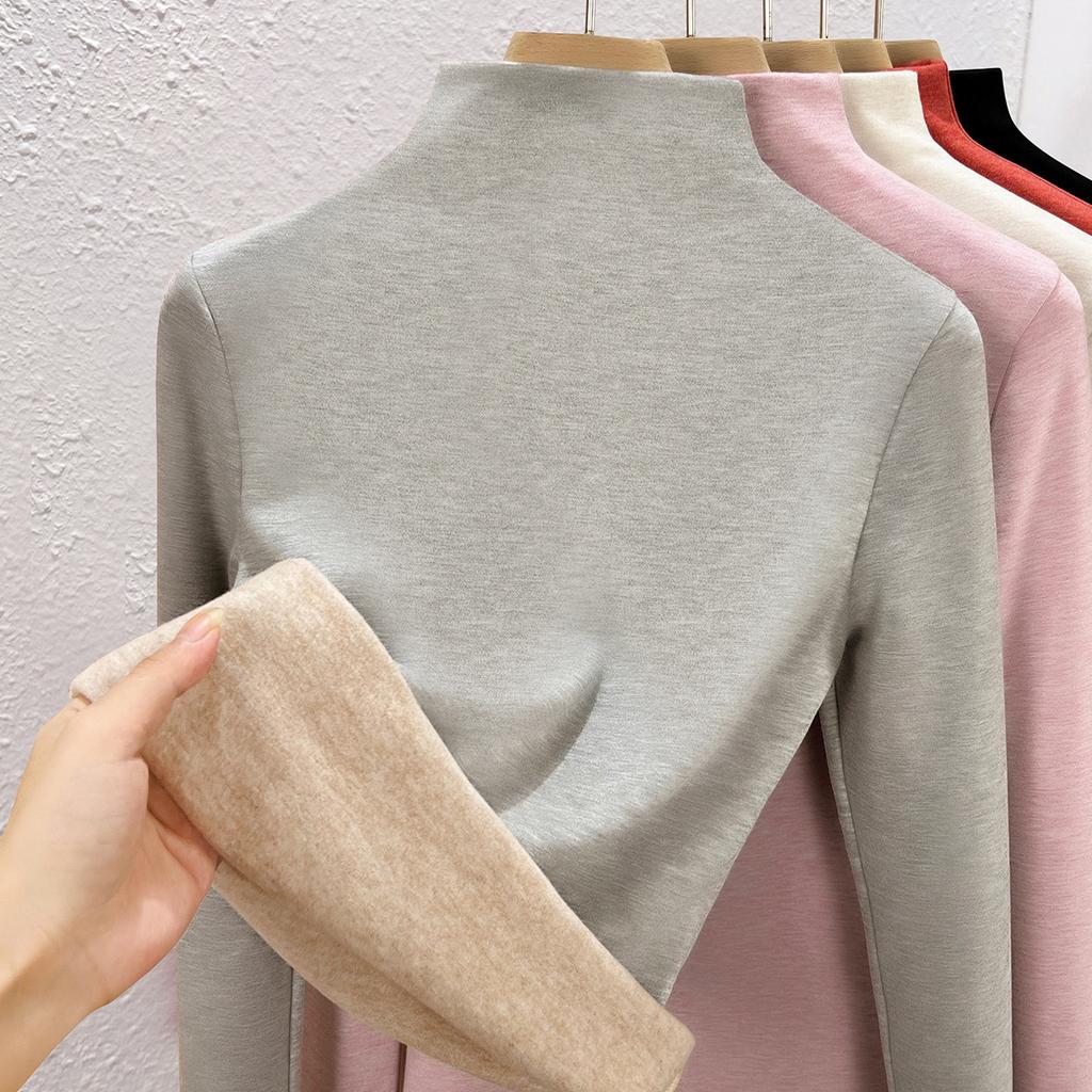 Autumn and Winter Women's Clothing Containing Wool and Silk Bottoming Shirt Women's Inner Heating Fleece Warm Turtleneck Top with Fleece and Thicker