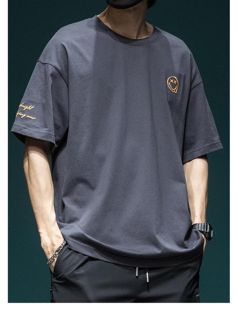 Мужская летняя футболка больших размеров 2024 с вышивкой в виде смайлика, с коротким рукавом, повседневная, из хлопка