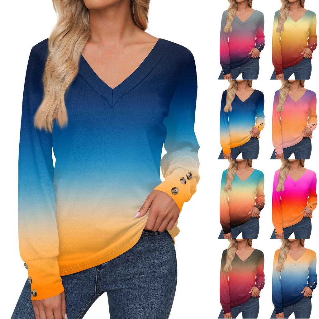 Women's Tops Gradient Printed Long Sleeve Shirt V Neck Casual Loose T-Shirt Autumn Clothing