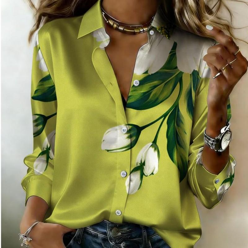 Women Satin Long Sleeve Shirt Tulip Floral Print Blouse Lapel Single Breasted Loose Office Tops
