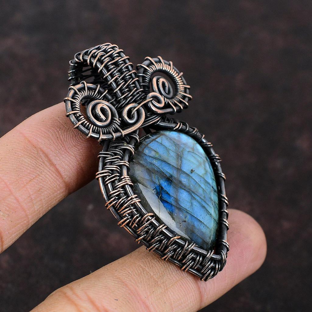 Подвеска из лабрадорита с драгоценным камнем, медная проволока, кулон, медные украшения, кулон ручной работы, подарок на годовщину, кулон из лабрадорита, ювелирные изделия из проволоки