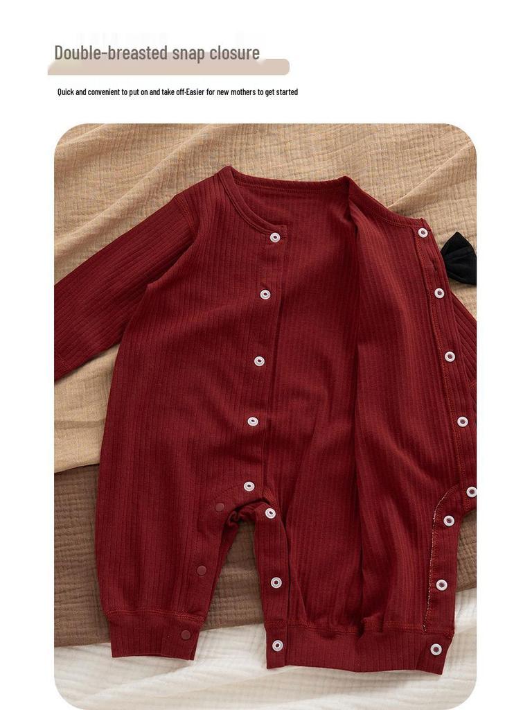 Unisex Red Baby Romper: 100 Days Full Moon Festive Outfit, Pure Cotton, Spring/Autumn, New Year Horse Theme.