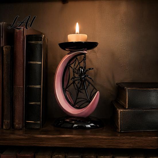 Cool Girly Room Decor Halloween Pink Moon Spider Candle Holder Sweet Dark Aesthetic Tray for Aromatherapy Stand Pillar Candles Gothic Resin Tabletop