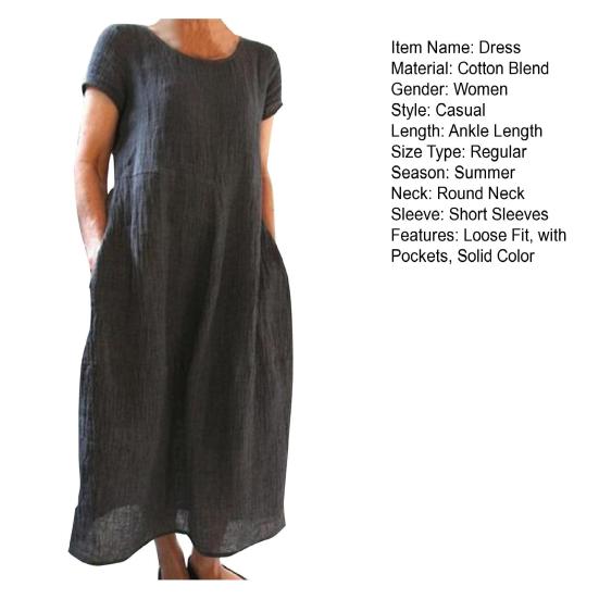 Летнее платье макси с боковыми карманами, круглым вырезом, короткими рукавами, свободное однотонное платье длиной до щиколотки в стиле ретро для повседневной носки, свиданий, путешествий