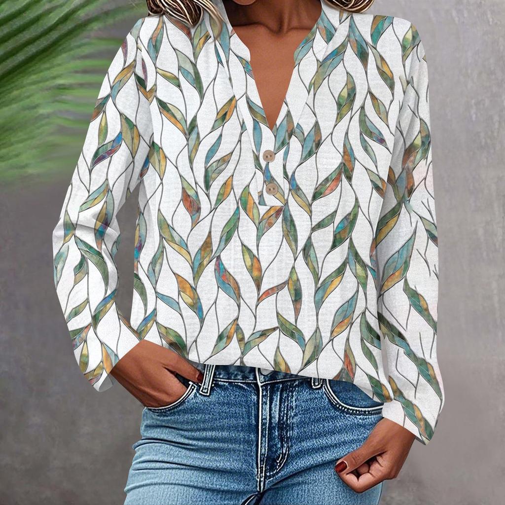 Женская модная и повседневная рубашка с длинным рукавом, V-образным вырезом, на пуговицах, с принтом, блузка, топ
