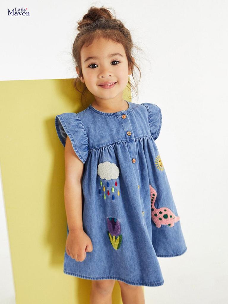 Little Maven Girls' Cartoon Appliqué Denim Dress - Short Sleeve Summer Style