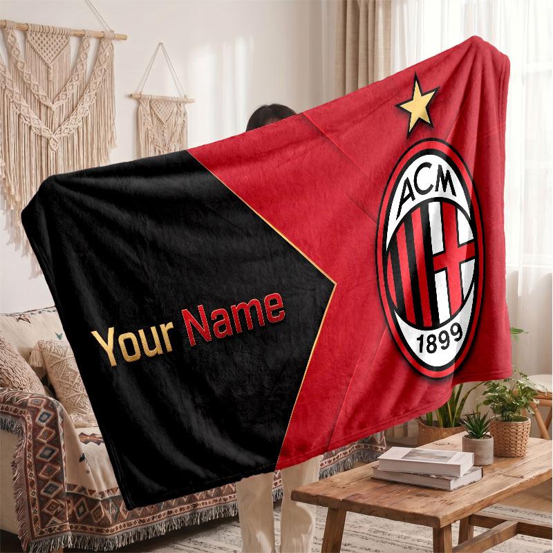 AC Milan Personalized Fleece Blanket With Football Logo, Custom Name Text Soft Warm Home Throw Blanket