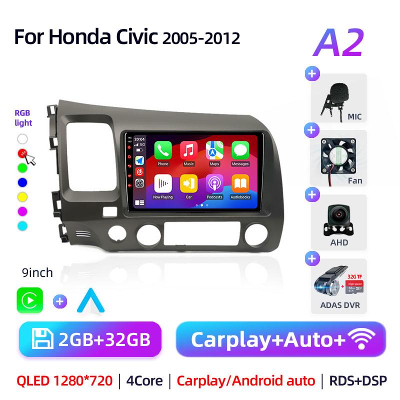 9" Android 12 Carplay автомобильный стерео радиоприемник для Honda Civic 8 2005 - 2012 мультимедийный плеер навигация GPS 2 Din 4G аудио DVD