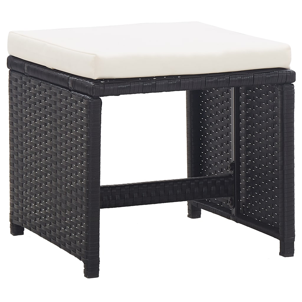 Garden Stool Set 2 Pieces with Seat Cushions Black Poly Rattan