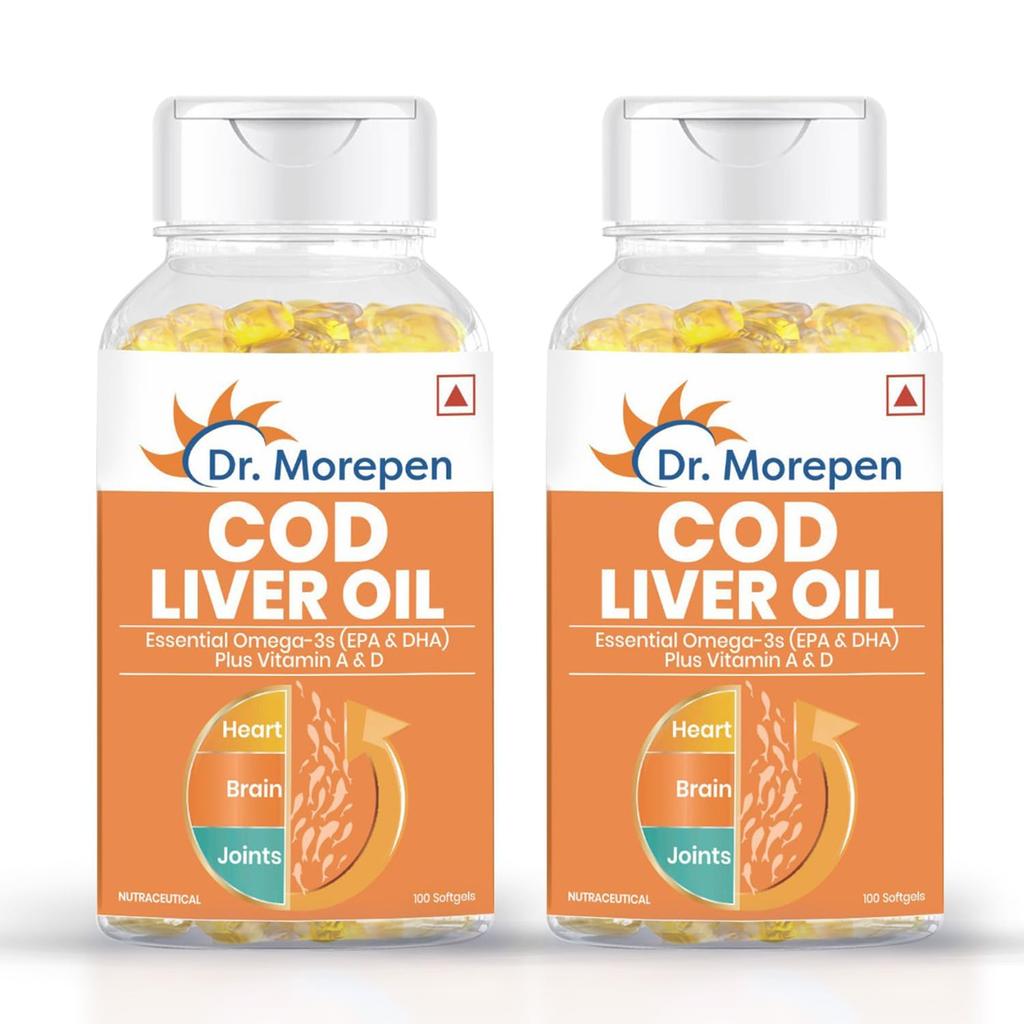 Dr. Morepen COD Liver Oil Capsules Omega 3 EPA DHA with Vitamins D E 100 Softgels X Pack of 2