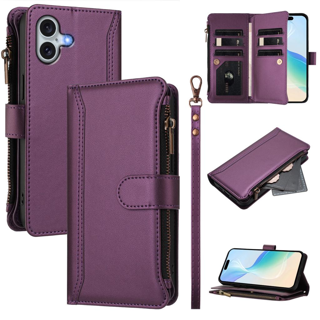 For iPhone 16 Plus Leather Case 9 Card Slots Zipper Wallet Stand Phone Cover with Wrist Strap