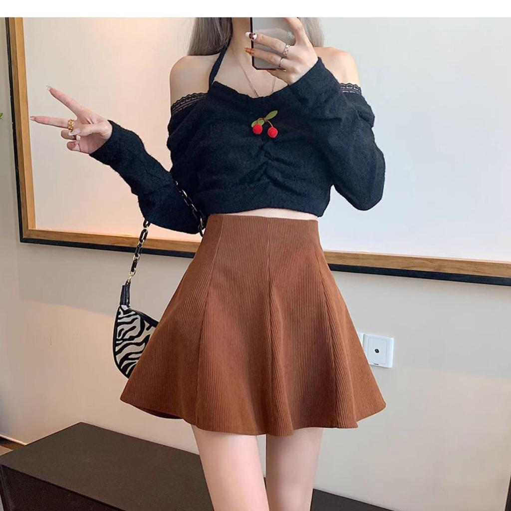 Женская вельветовая юбка А-силуэта с высокой талией и складками - Осень/Зима 2023 Корейский стиль