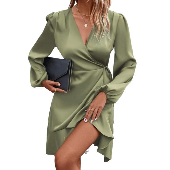 Женское мини-платье с V-образным вырезом, длинным рукавом-фонариком и боковой шнуровкой