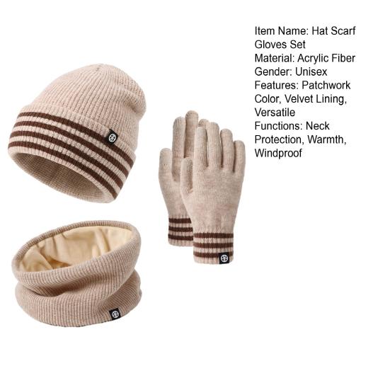 3Pcs/Set Winter Hat Scarf Gloves Set Striped Print Thickened Velvet