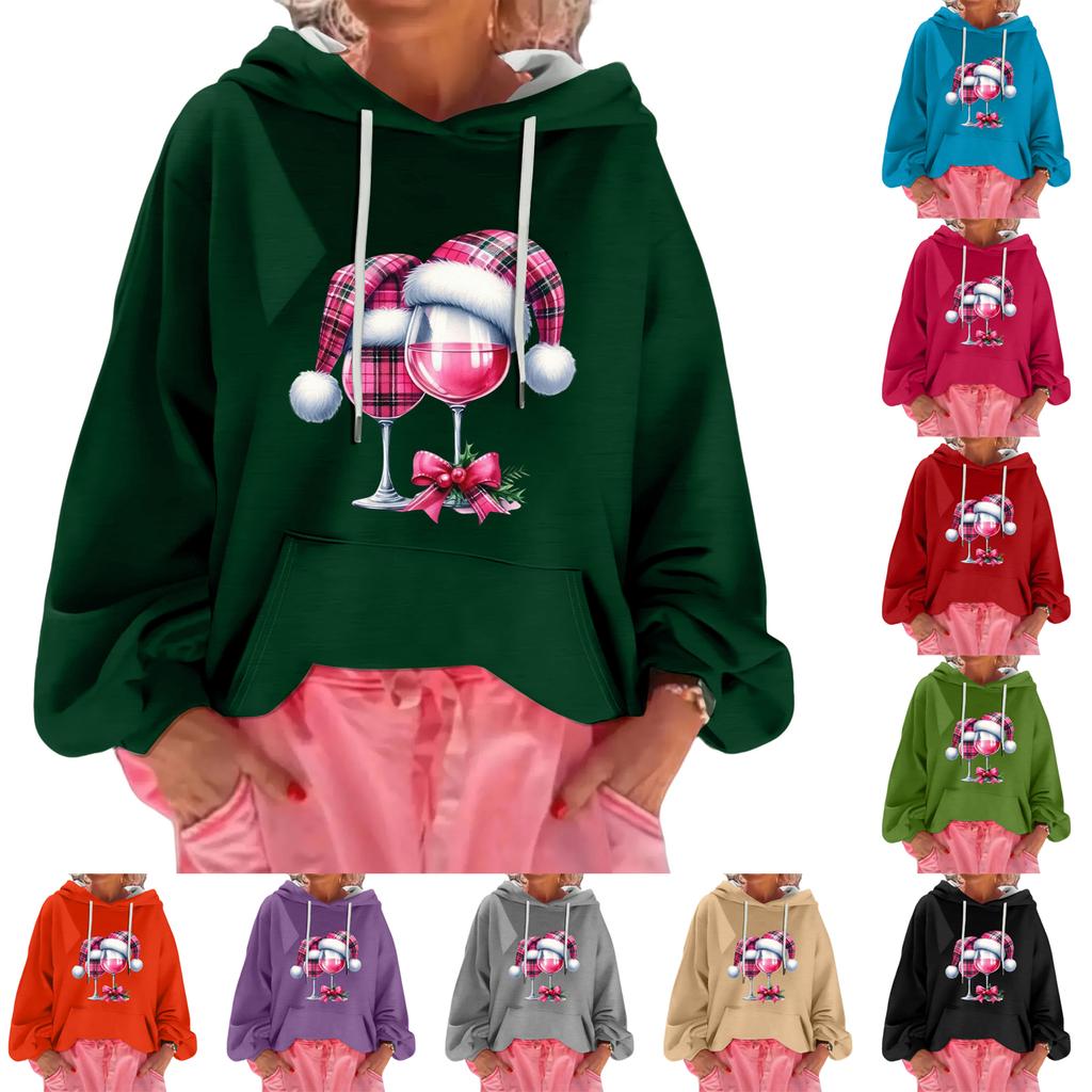 Women's Christmas Print Loose Casual Long Sleeve Hooded Sweatshirt