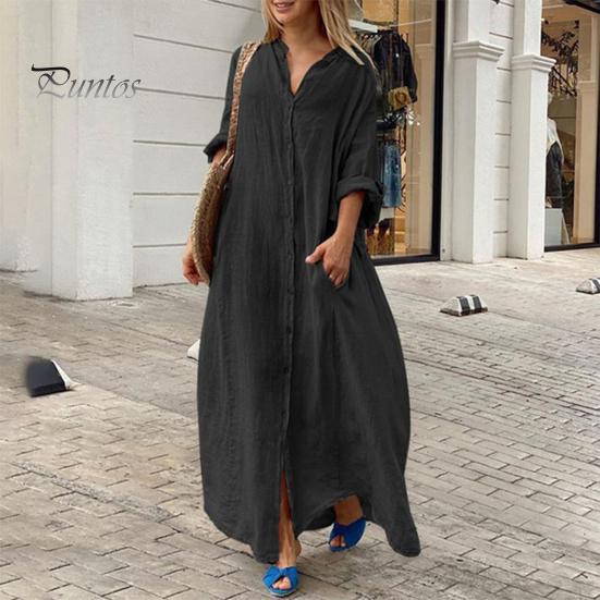 Spring Summer Women Dress Plus Size Loose Pure Color Single-breasted Pockets V Neck Long Sleeves Split Hem Soft Breathable Casual Ankle Length Maxi