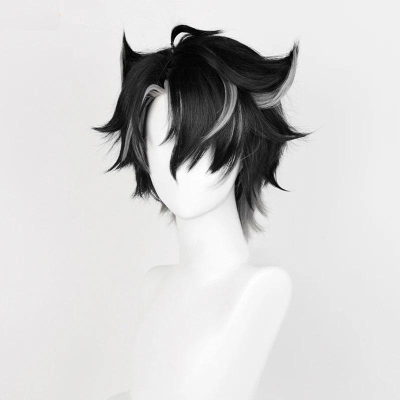 В наличии Wriothesley парик Game Genshin Impact косплей короткие черные седые волосы Fontaine Wriothesley косплей парик аниме парики + парик шапочка
