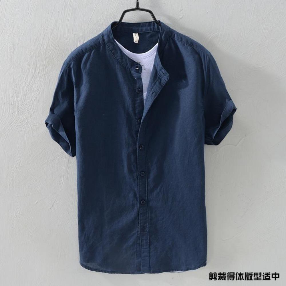 Рубашка с коротким рукавом Мужская Воротник-стойка Свободная Ретро Тонкая Дышащая Универсальная Дюймовая одежда Темно-синий Хлопок Лен Простая Повседневная