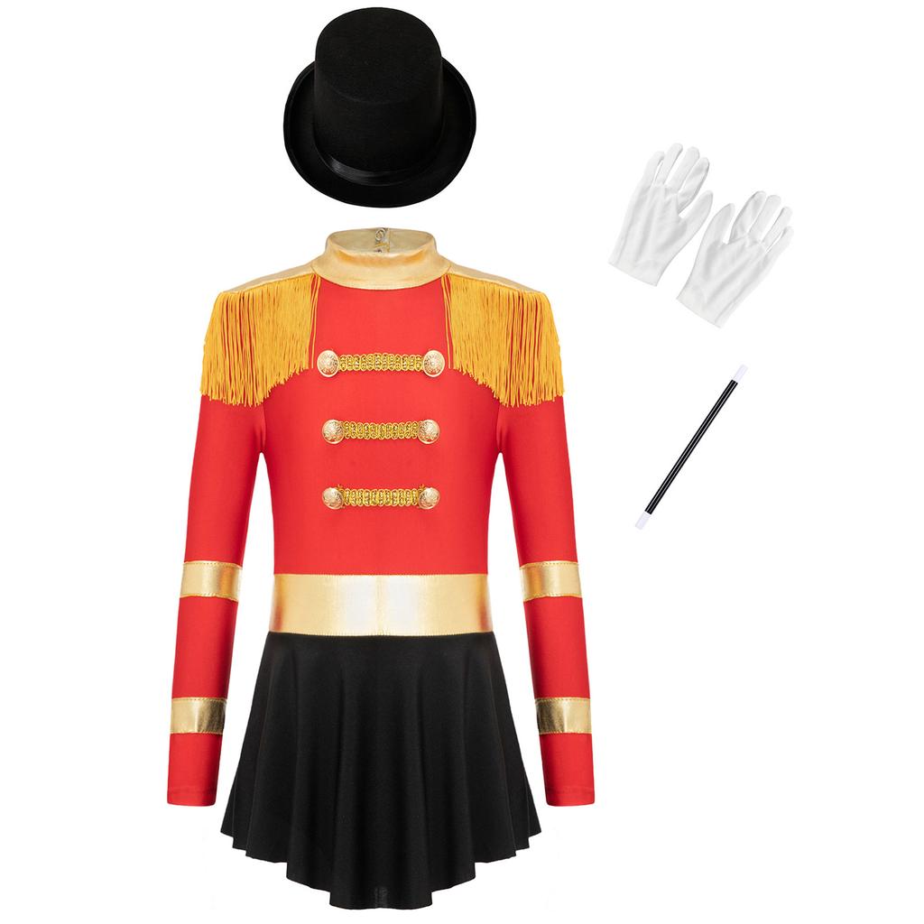 Girls Magician Jumpsuit Costume Long Sleeve Keyhole Back Fringe Epaulet Design Top Hat Gloves Wand Set