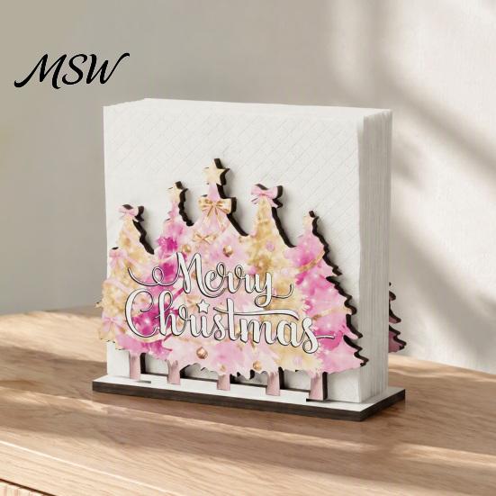 Pink Christmas Napkin Holder Wooden Holder, Gnome/Christmas Tree/Snowman Shape, Solid Wood Dispenser Stable Organizer for Holiday Home Decor Romantic