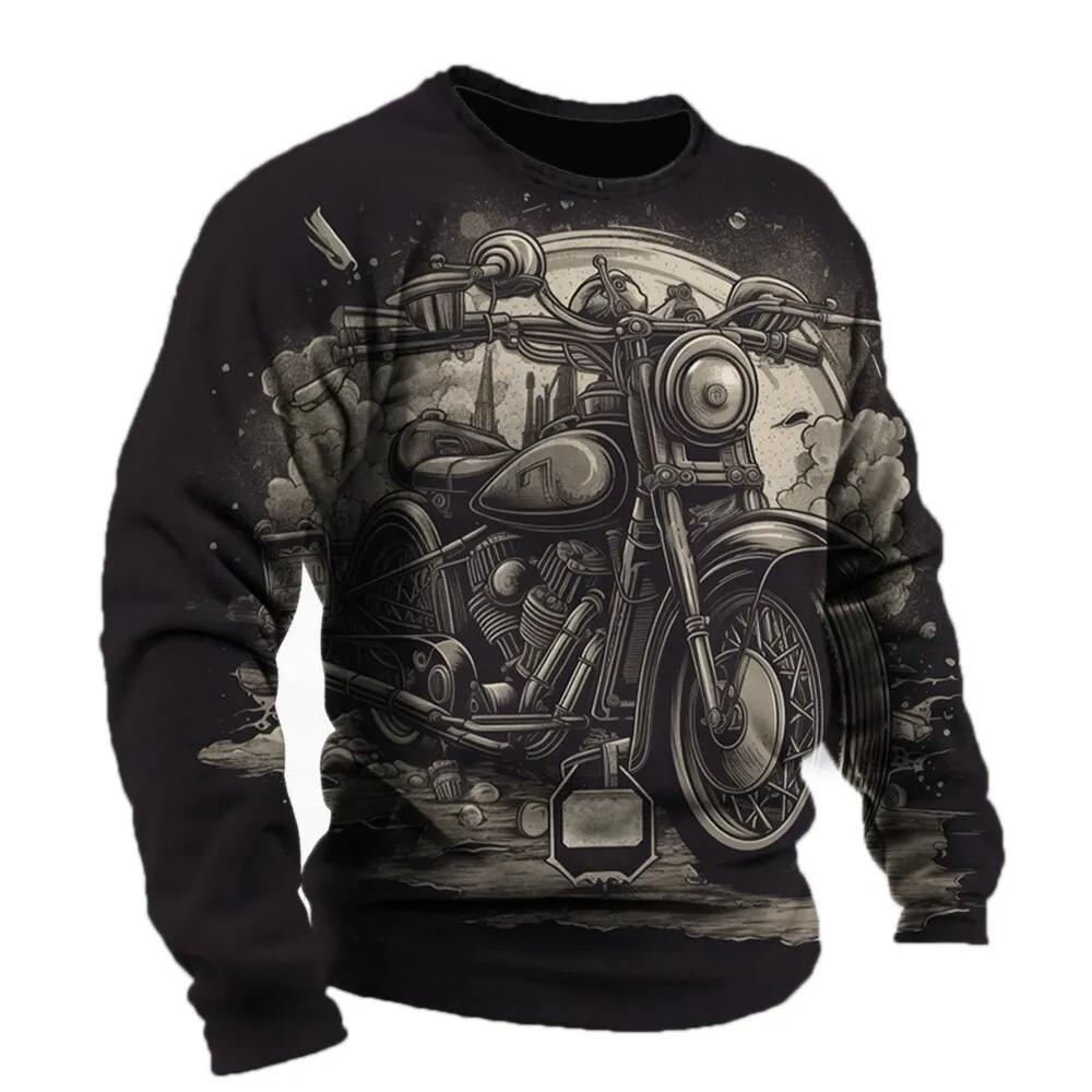 2024 Винтажная мужская футболка с рисунком мотоцикла Футболки с длинным рукавом с 3D-принтом Одежда Графическая уличная одежда больших размеров Мужская одежда