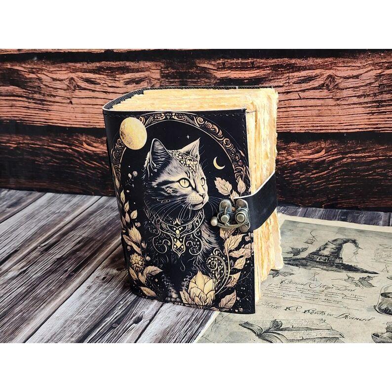Кожаный журнал Волшебник заклинаний Кошачья книга Пустая тетрадь магии Книга теней Викканская языческая гримуарная книга для путешествий Альбом для рисования