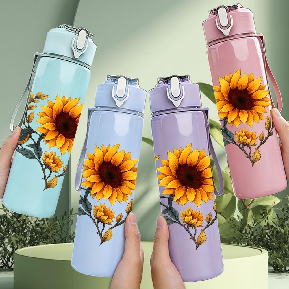 1PC Yellow Sunflower Art Print 750ml Color Plastic Sports Water Bottle Leakproof Flip Straw Lid Suitable for Sports Office Home Use