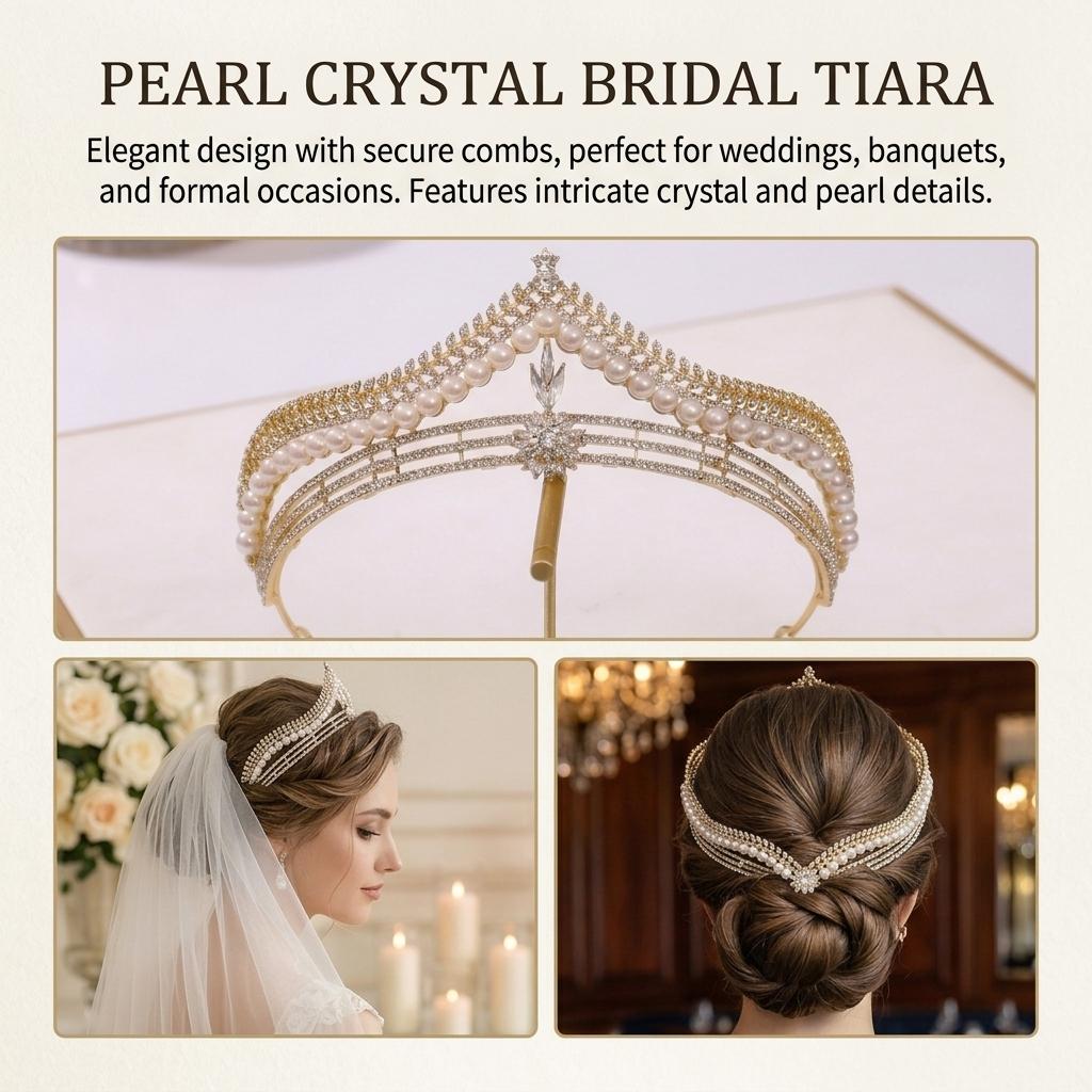 Children Pearl Crown Headband for Girls Birthday Performance Alloy Frame with Imitation Pearls and Silicone-Lining