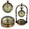 Antique Style Brass Desk Clock With Base Compass Collectible Tabletop Decorative