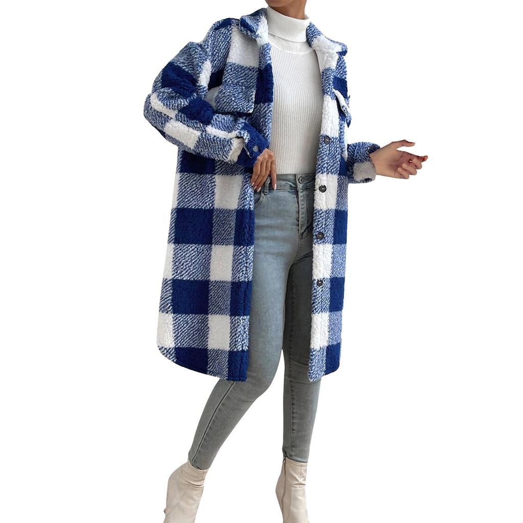 Women's Casual Coat Winter Overcoat Jacket Plaid Print Drop Shoulder Teddy Coat